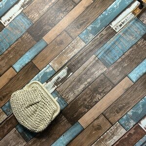 Woven Cream Clutch Bag with gold chain crossbody strap